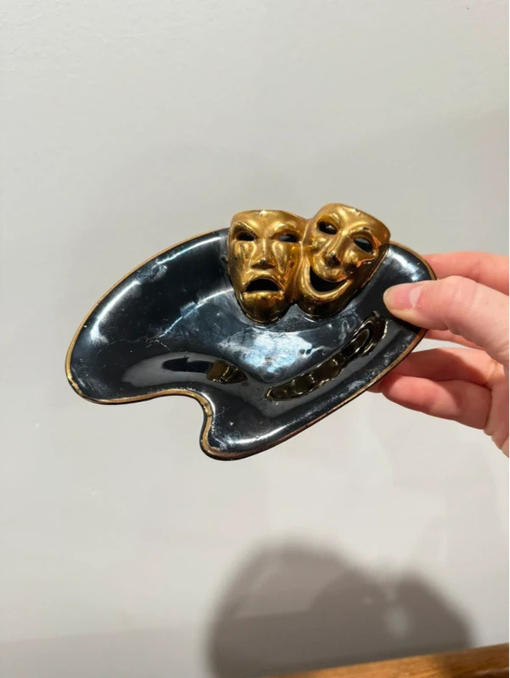 Vintage Lefton Japan Black Ceramic  comedy and tragedy theater masks MCM Ashtray